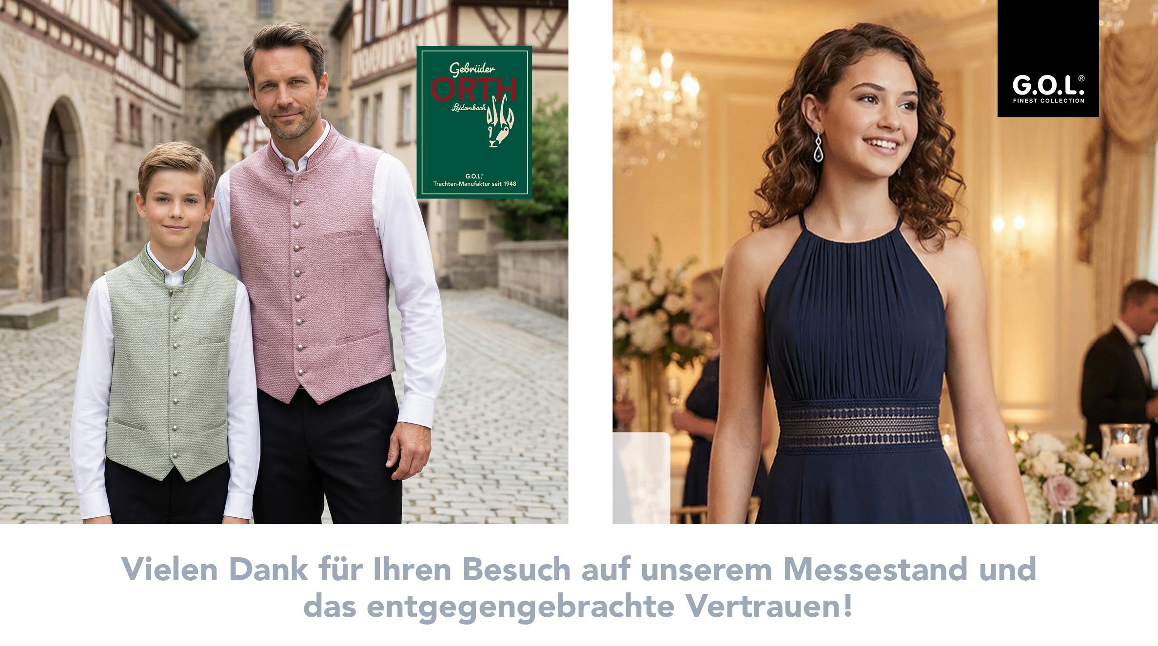 Familie und Dame bei G.O.L.-Messe mit Dank für Besuch und Vertrauen, elegant und herzlich posierend.