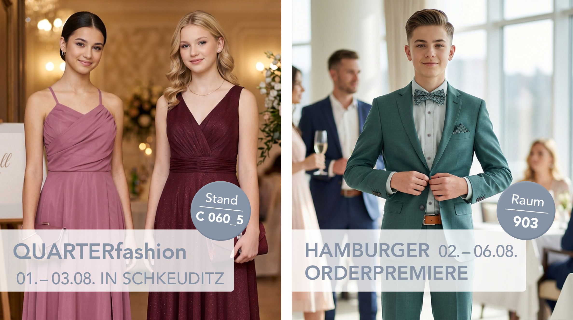 Zwei Personen in Abendgarderobe: Dame in Kleid, Herr im Anzug, Modepräsentation „QuarterFashion“ und „Hamburger Orderpremiere“.