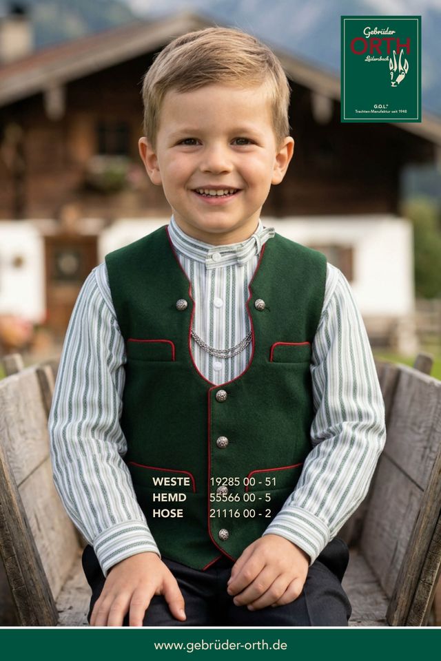 Junge in traditioneller Tracht mit Weste, Hemd und Hose, lächelnd auf Holzstuhl.