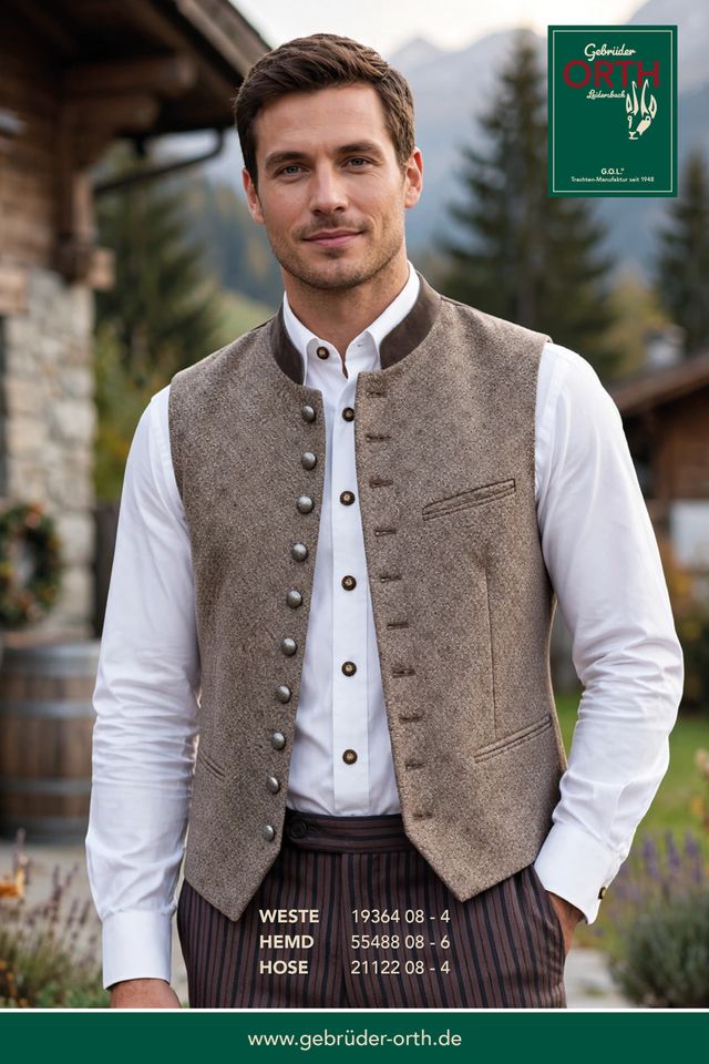 Mann trägt traditionelle Weste mit Hemd und Hose vor alpiner Kulisse, gebräuchlich für Trachtenmode.