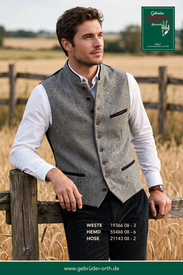 Mann trägt graue Weste mit weißem Hemd und dunklen Hose vor Feld, stilvoll und elegant.
