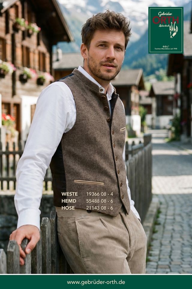 Stylischer Mann in Tweed-Weste, weißem Hemd und Hose vor alpiner Kulisse.