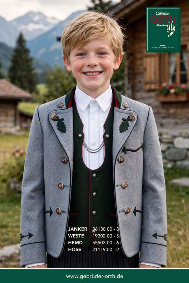 Junge in traditioneller Tracht mit Jacke, Weste und Hose, lächelnd vor alpiner Kulisse.