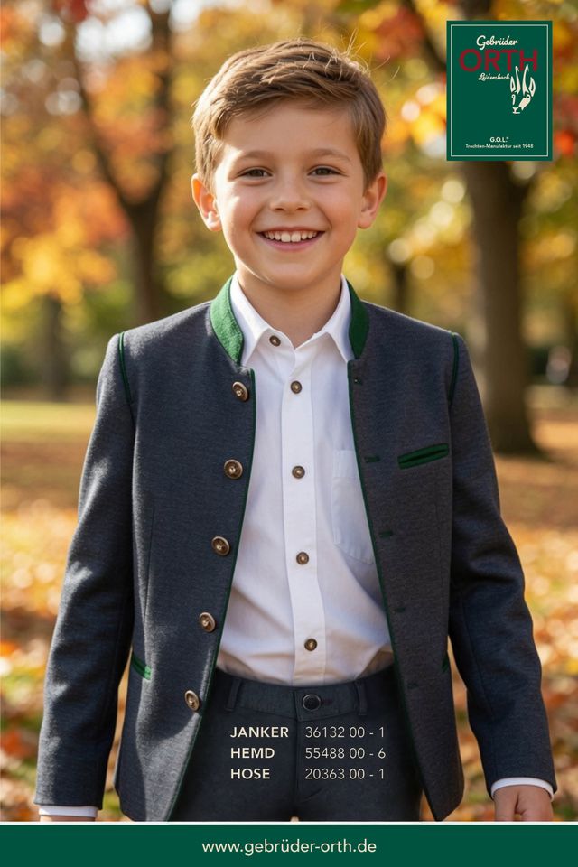 Junge in Anzug mit grünem Halstuch lachend im Herbstwald, Gebrüder Orth Kollektion.