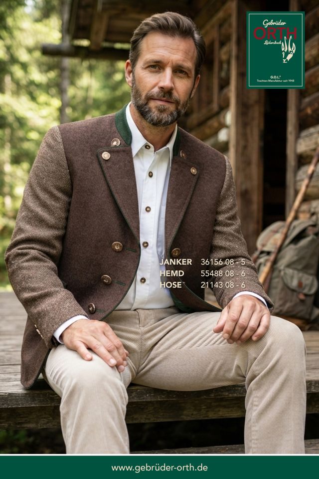 Herr sitzt lässig in rustikalem Outfit aus Tweedjacke und Hemd vor Holzhaus, Gebrüder Orth Kollektion.