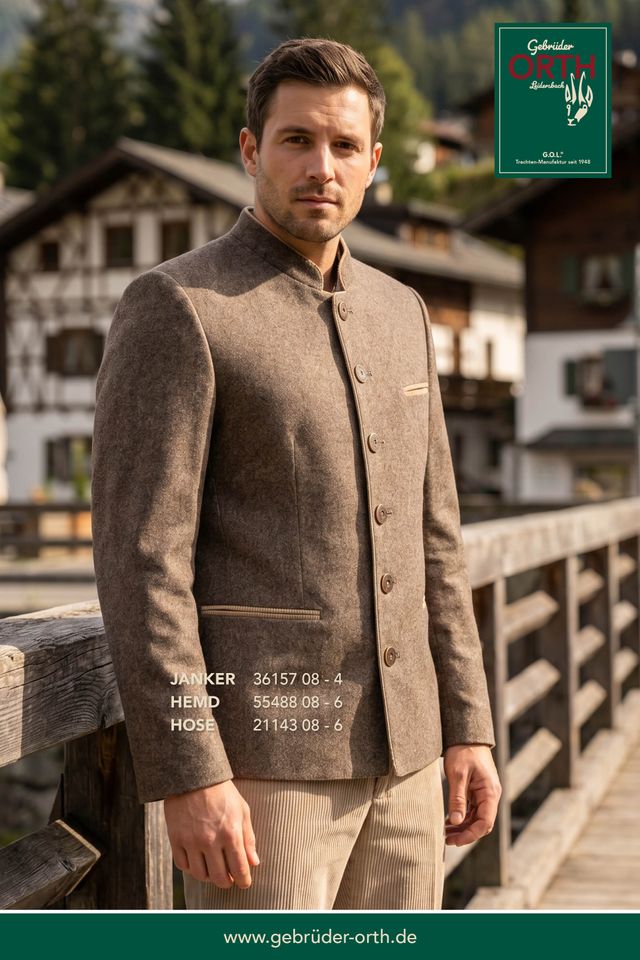 Herr trägt eleganten Tweed-Jackett mit Hemd und Hose, vor alpiner Hütte stehend.