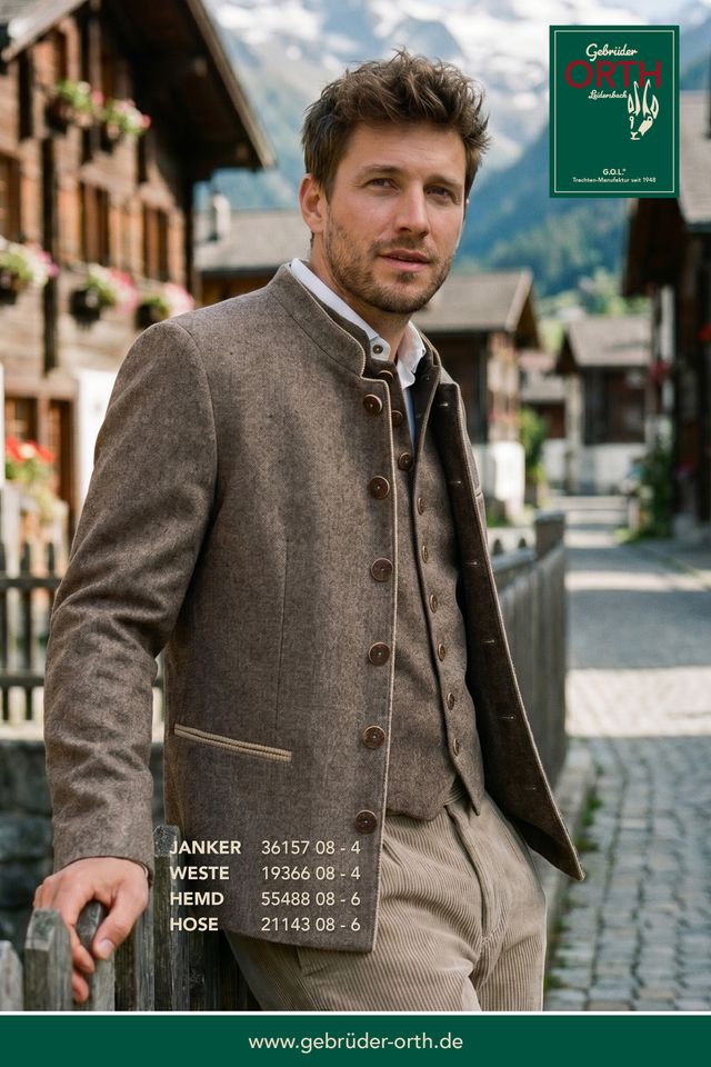 Herr in Tweedjacke und Weste mit Hemd und Hose auf alpiner Straße – Gebrüder Orth Kollektion.